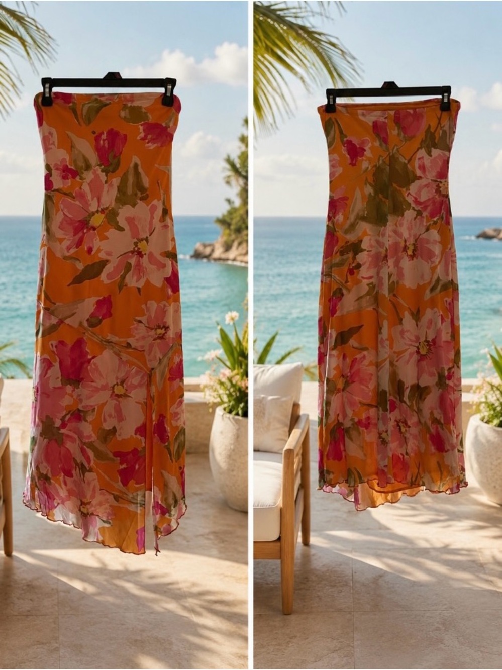 AUW Strapless Floral Midi Dress in Orange with Pink & Green Accents